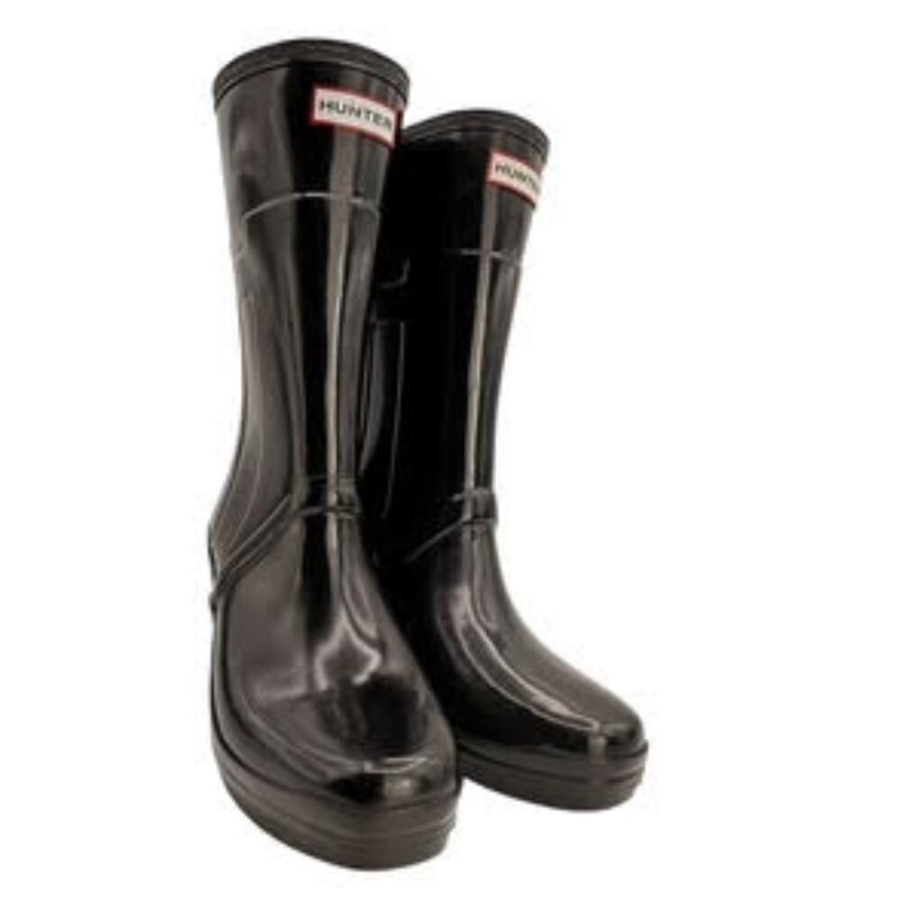 Hunter Original Tall High Gloss Wedge Rain Boots Black Rubber Heeled WMS Size 8 - Picture 4 of 15
